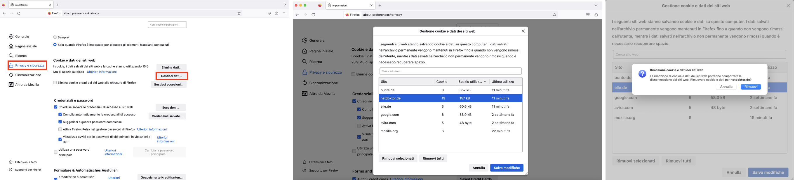Eliminazione dei cookie in Mozilla Firefox: si apre la finestra Cookie e dati dei siti web, seguita dalla finestra Gestisci cookie con un elenco di siti Web. 