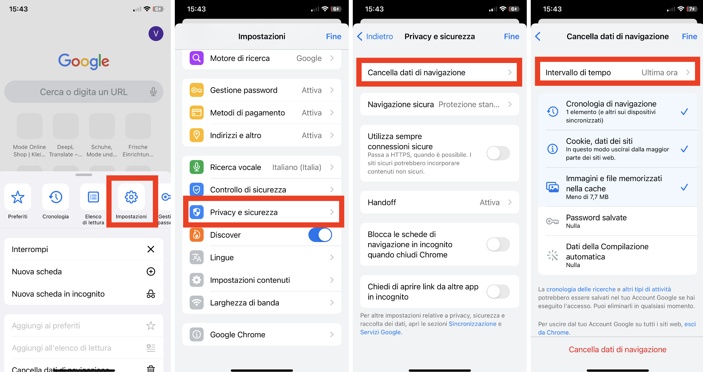 Eliminazione dei cookie su un dispositivo iOS dall’app Chrome. 