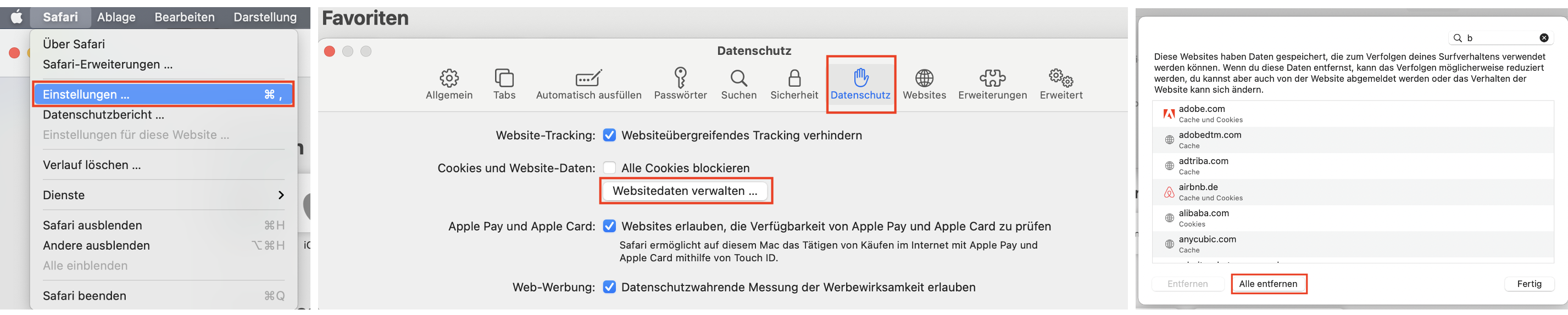 Löschen von Cookies in Safari auf einem Mac, mit Einstellungsmenü und Option zum Verwalten von Websitedaten. 