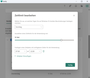 Ansicht auf die Einstellungen der Bildschirmzeit in einem Kinder-Microsoft-Konto